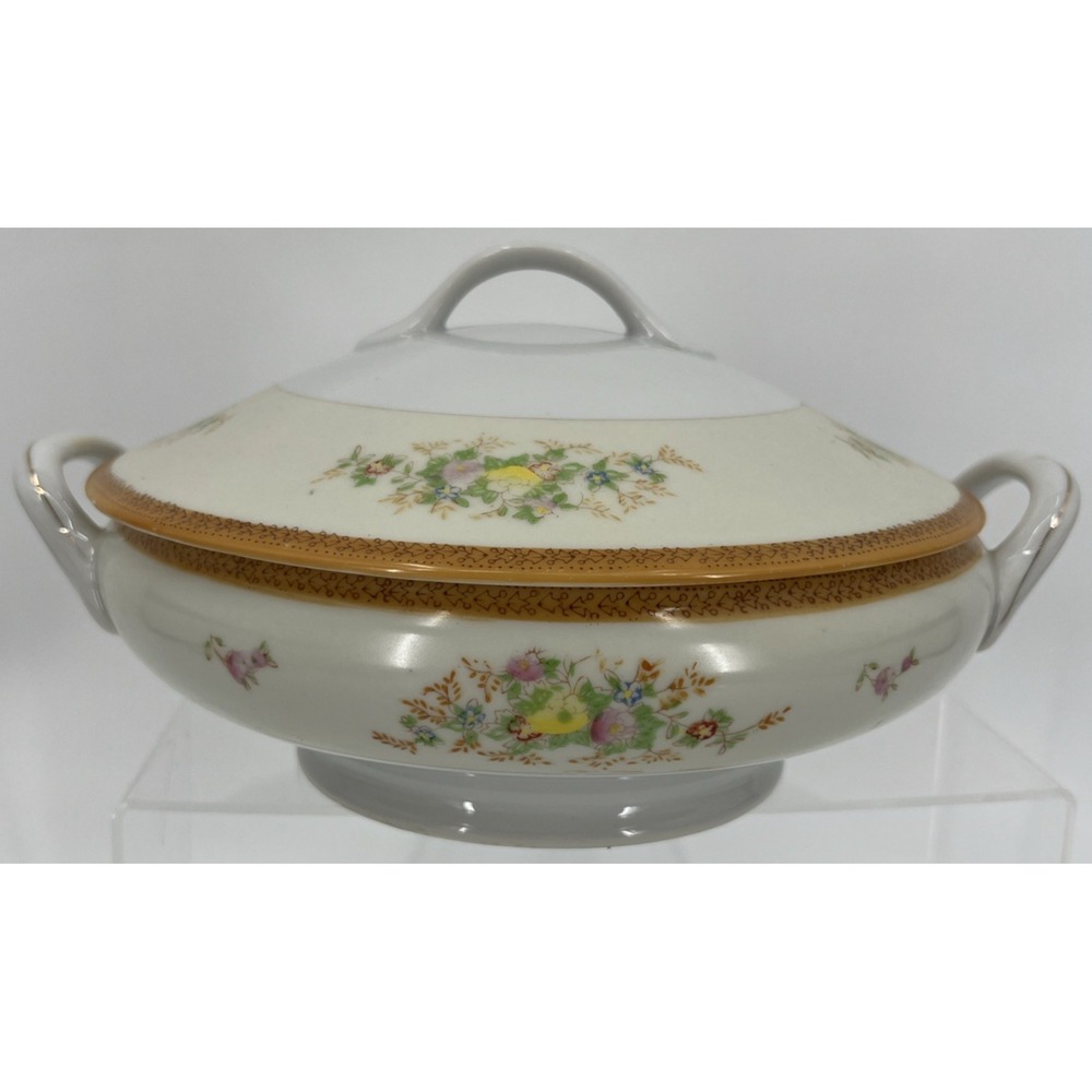 Vintage Round Serving Dish with Lid Floral Gold Detail‎ Handmade in Japan MCM